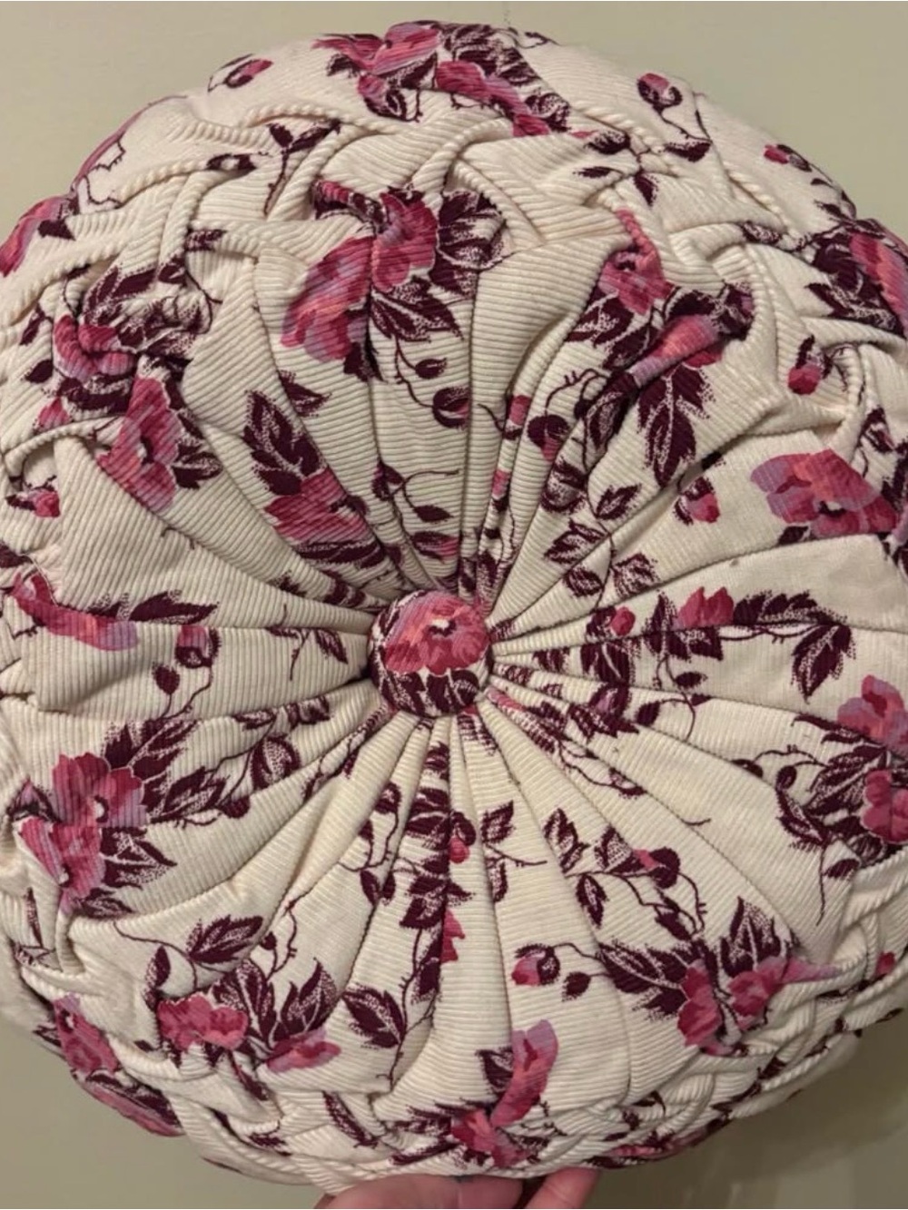 Round Floral Quilted Pillow - Cream with Pink & Burgundy Flowers